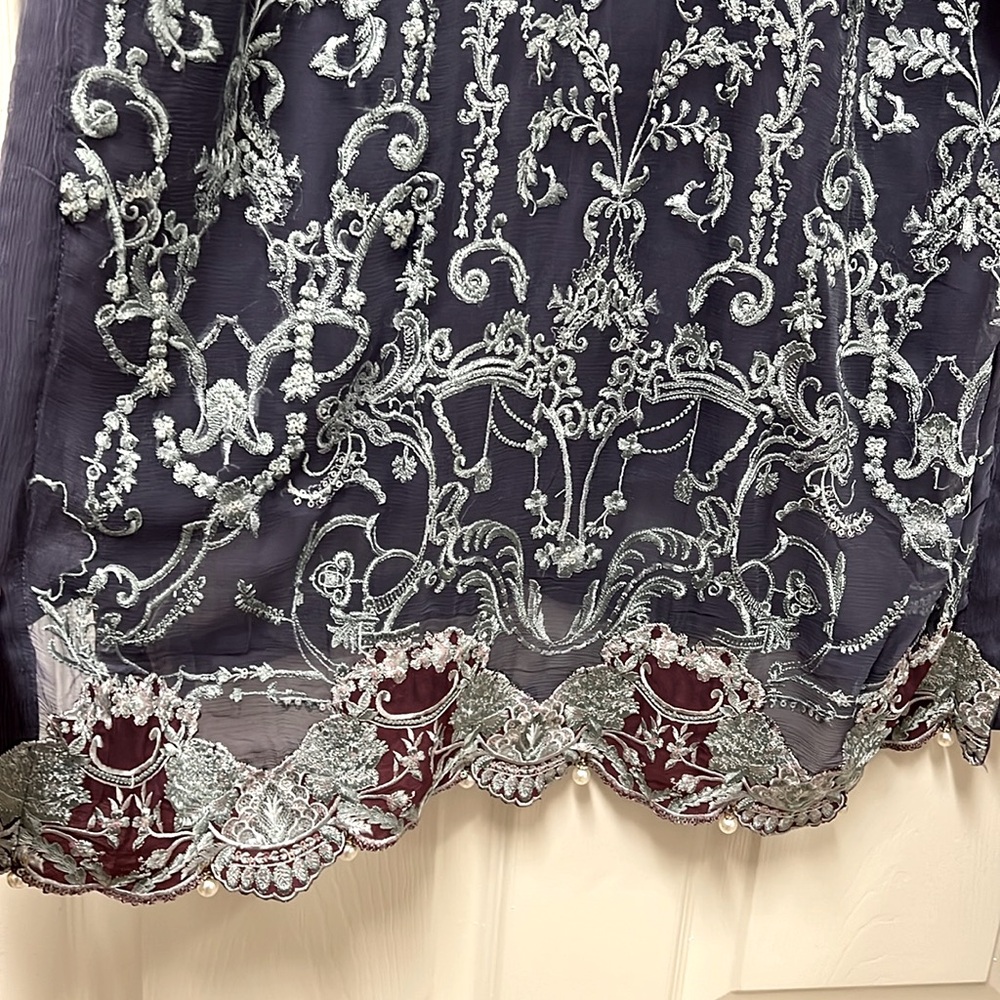Shalwar Kameez- Elegant Embroidered Long Sleeve Dress - Blue and Red, Size Large - Picture 3 of 9